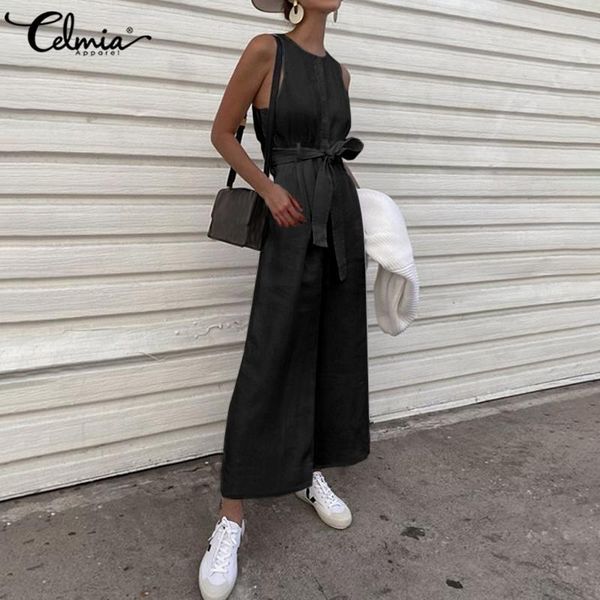 

women's jumpsuits & rompers celmia fashion retro loose sleeveless long solid buttons playsuits casual linen wide leg overall, Black;white
