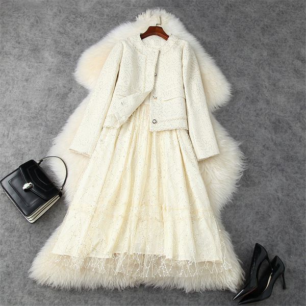 

two piece dress female fashions long sleeve sequins tweed wool jacket and mesh dress winter party uwg8, White