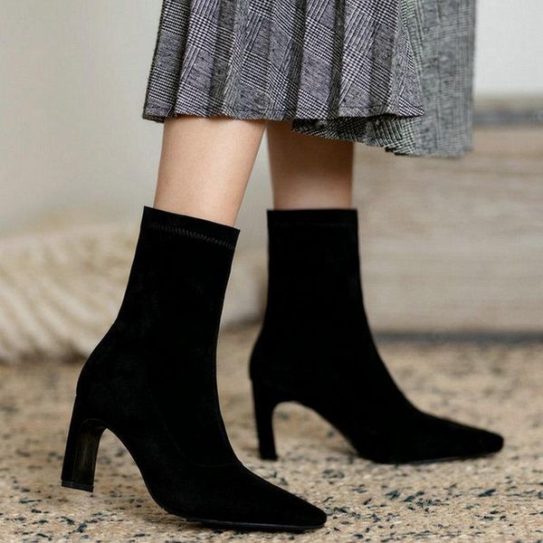 

boots women heels socks flock stretch square heel pointed toe ankle shoes slip on woman boats autumn winter, Black