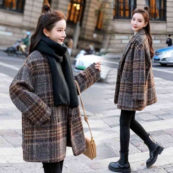 

plaid wool coat women's middle length 2020 winter korean version loose popular versatile cotton padded thickened thousand bird plaid co, Black