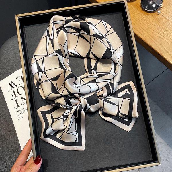 

scarves long plaid silk scarf ribbon women satin neck hair tie band soft work neckerchife luxury designer hijab head female foulard, Blue;gray