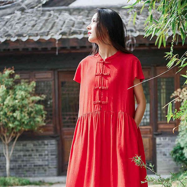 

johnature style cotton linen women dress summer casual solid color retro national style women a-line shirt dress 210521, Black;gray