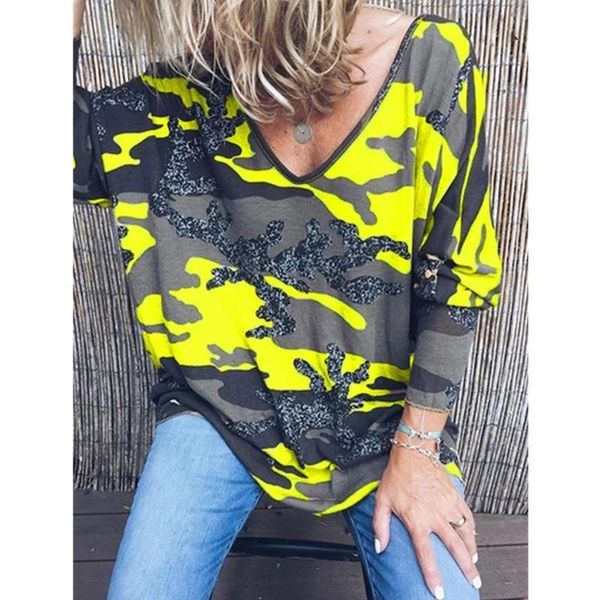 

v neck womens t shirt long sleeve printed camouflage autumn loose camo tee female plus size 5xl, White