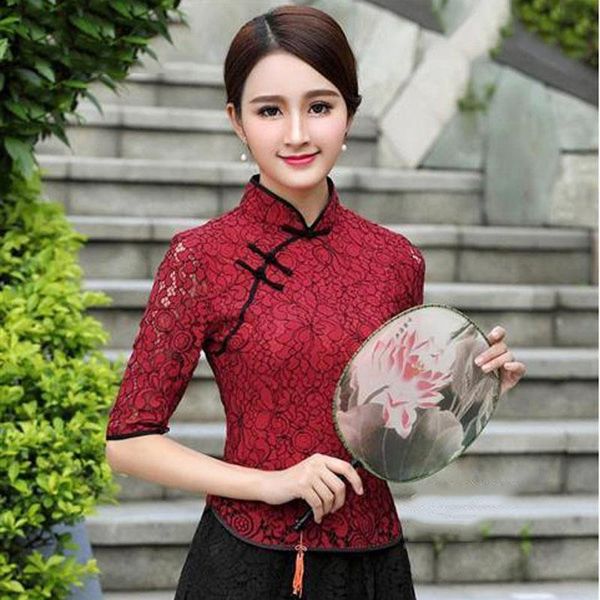 

ethnic clothing cheongsam womens plus size short 2021 summer fashion lace splicing hollow out stand collar chinese style qipao shirts w, Red