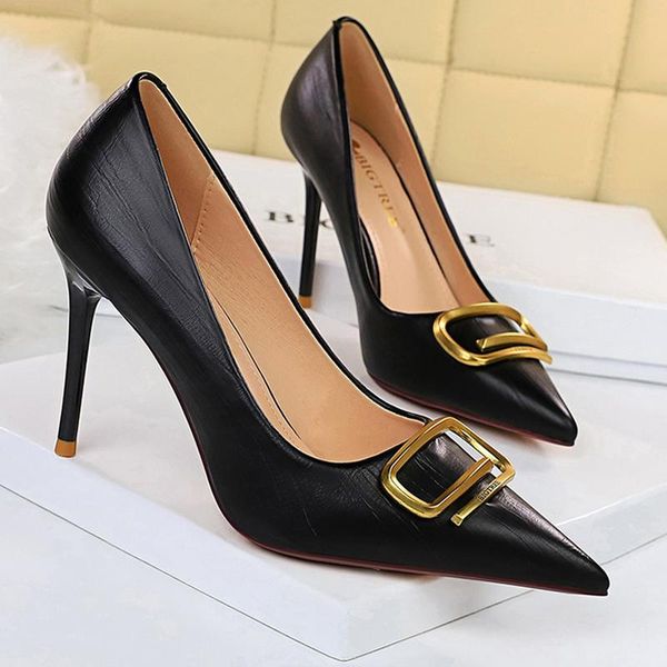 

dress shoes metal button women pumps fashion high heels pu leather banquet stiletto, Black