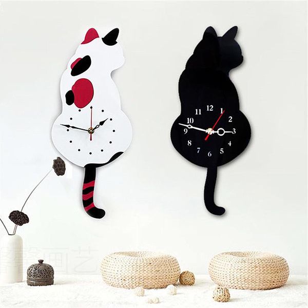 

cute cat wall clock wag tail silence home decoration kids gift black clocks