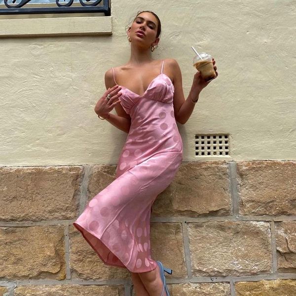 

casual dresses backless spaghetti strap women midi club fashion elegant sleeveless polka dots dress holiday clothes, Black;gray