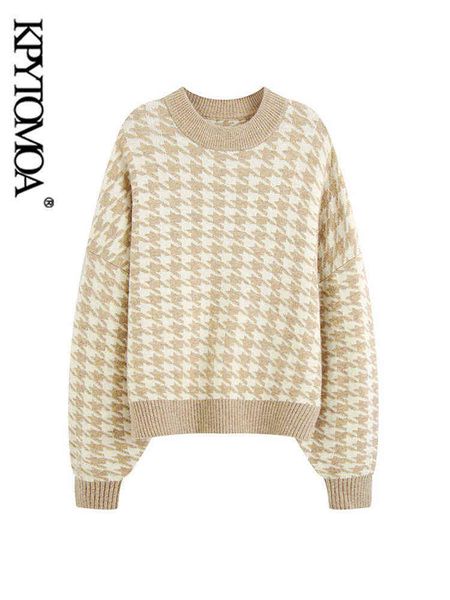 

kpytomoa women 2021 fashion oversized jumper houndstooth knitted sweaters vintage long sleeve loose female pullovers chic y1110, White;black