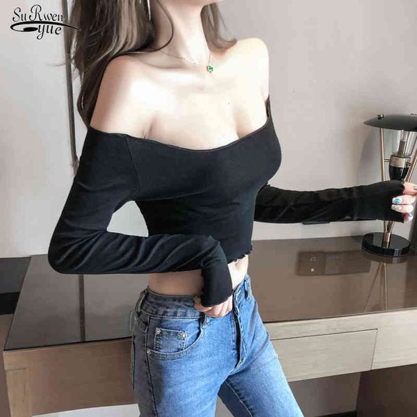 

autumn long sleeve short slim slash neck bottom shirt women's t-shirts pink blue black camisas mujer 12336 210521, White
