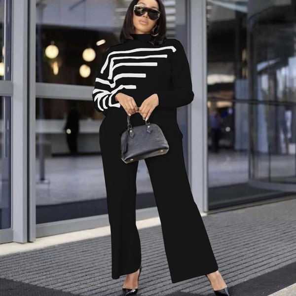 

women's two piece pants 2021 autumn winter elegant office lady outfit set simple designer contrast black white turtleneck +pants trouse