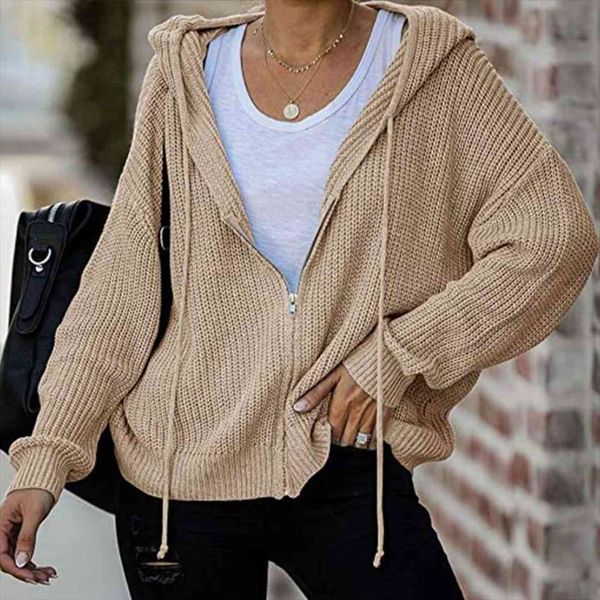 

autumn casual knitted hooded women sweaters womens cardigan solid long sleeve zipper female sweater spring drawstring loose ladies, White;black