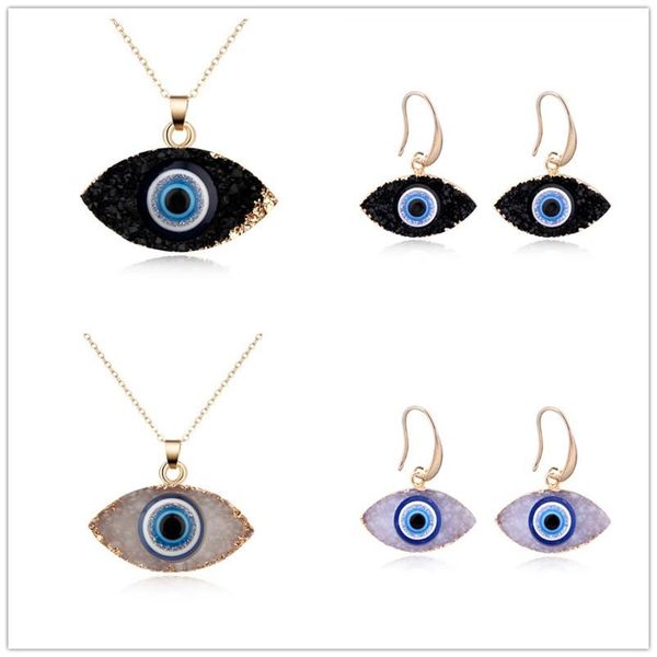 Moda Charm Luck Türkiye Mavi Nazar Küpe Kolye Druzy Drusy Reçine Taş PendantJeWelry Kadınlar için Set