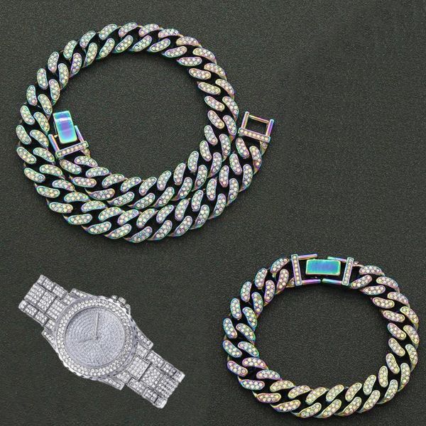 

chains 13mm 3pcs kit hip hop iced out full paved rhinestone miami curb cuban multicolor necklace+watch+bracelet for women jewelry, Silver