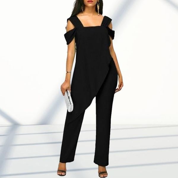 

women's jumpsuits & rompers plus size 5xl fashion high waist slim sleeveless solid casual cold shoulder irregular pencil jumpsuit, Black;white