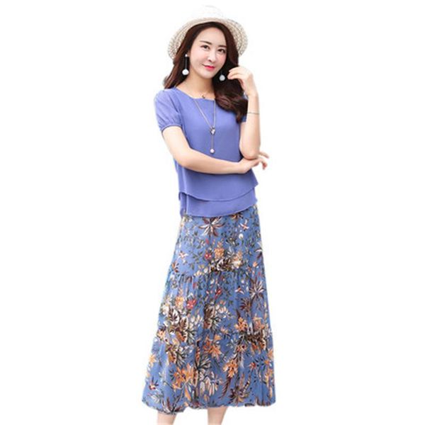 

two piece dress womens 2 sets in summer female suits loose and chiffon skirts print fashion ladies floral, White