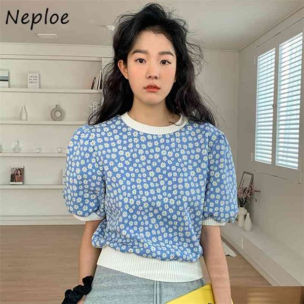 

neploe o neck pullover puff short sleeve knit sweater women vintage print loose pull femme spring summer outwear sueter 210805, White;black