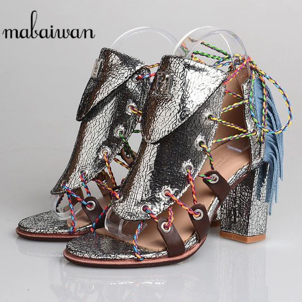 

mabaiwan 2021 summer sandals gladiator high heels shoes woman cross tied weedding dress genuine leather fringe pumps, Black