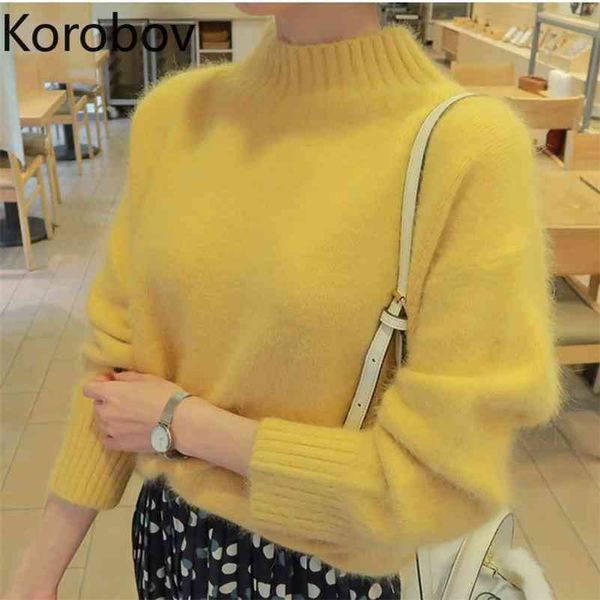 

korobov autumn winter new long sleeve mohair sweaters sweet chic half turtleneck jumper femme knitted sueter mujer 210430, White;black