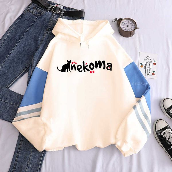 Harajuku Anime Haikyuu Nekoma Impressão com capuz moletons mulheres engraçadas desenhos animados kawaii gráfico meninas coreano moda doce hoodie bonito y0816