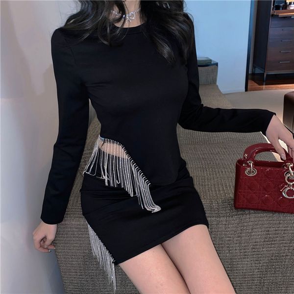 

tassel diamond short and shorts shirts long-sleeved women black high waist bag hip skirt two-piece set 865g 210420, White