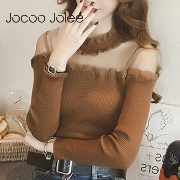 

jocoo jolee women lace knitted patchwork sweater autumn long sleeve turtleneck slim ruffled collar pullovers mesh sweater 210619, White;black