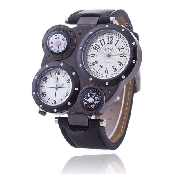 

watch double movement leather men's outdoor sports thermometer compass quartz, Slivery;brown