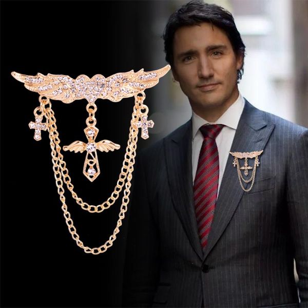 

pins, brooches fashion gold angel love wing brooch long chain crystal lapel pin corsage female tassel shirt collar accessories, Gray