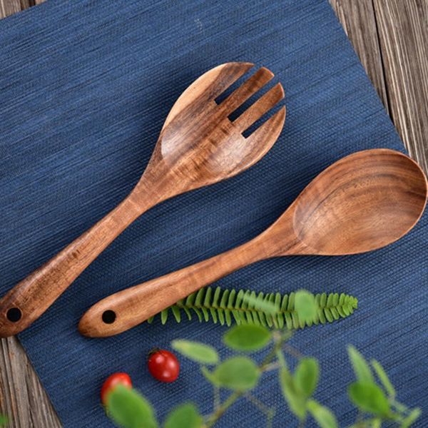 

spoons 1set wooden salad spoon fork large serving set server wood kitchen utensils long handle soup ladle tableware