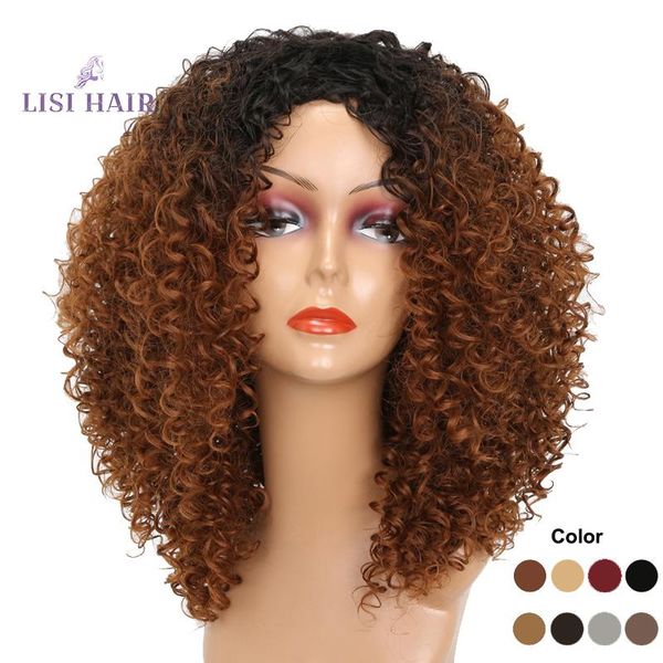 

synthetic wigs lisi hair 18 inch curly short for black women ombre brown afro american african heat resistant