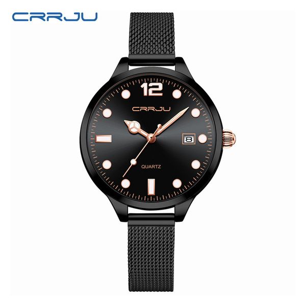 

crrju watches 2187 rose gold quartz vintage mesh band water resistant wristwatch luminous date display casual hand strap waterproof display, Slivery;brown
