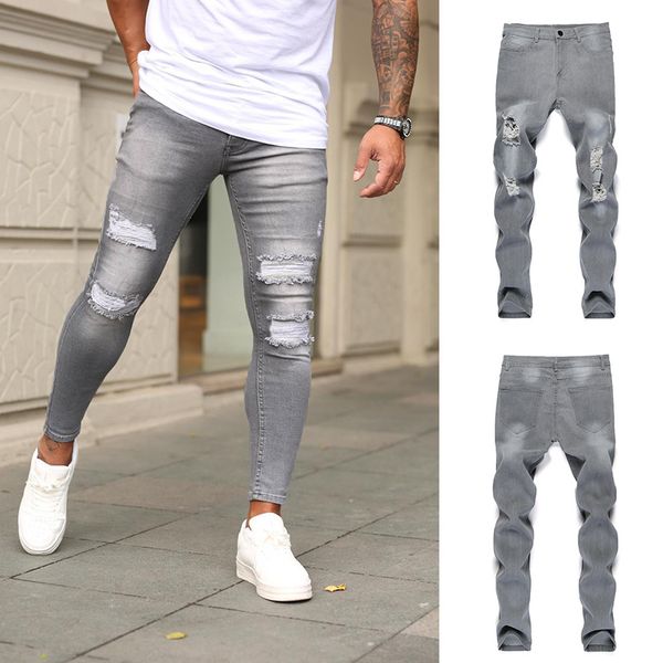 

brand men's ripped elastic feet ankle jeans men, Blue