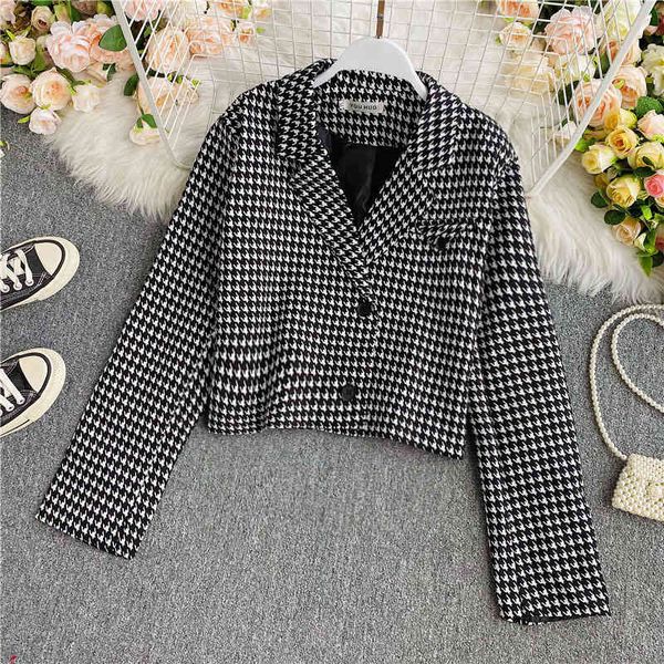 

women of vintage tweed jackets fall casual all-match korean fashion stylish lady houndstooth short woolen jacket outwear, Black;brown