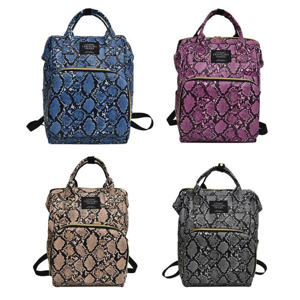 

fashionable snake print pu backpack large capacity multi-function double-layer compartment mom bag square zipper open diaper bags