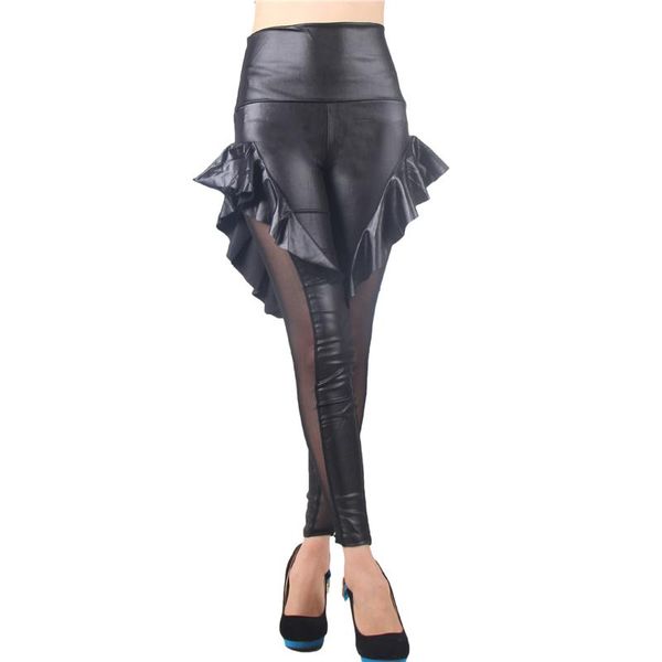 

women's leggings night club girl punk faux leather high waist side mesh black tw2313 ruffled party pants women legins