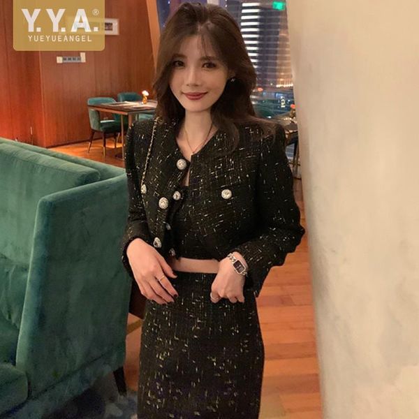 

office ladies elegant short jacket fashion o neck vintage classic design tweed jackets women slim fit long sleeve outerwear women's, Black;brown
