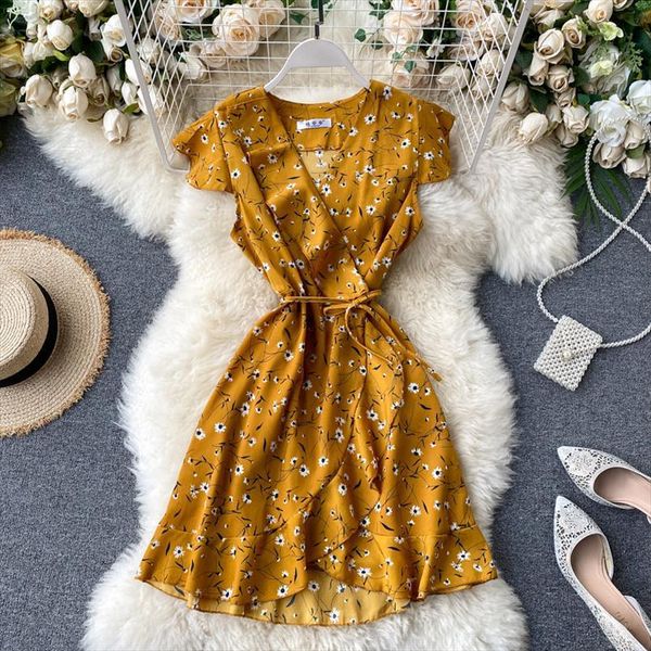 

singrain floral summer wrap women tanks dress v neck a line ruffles chiffon short korean elegant bohemian print beach sundress, White