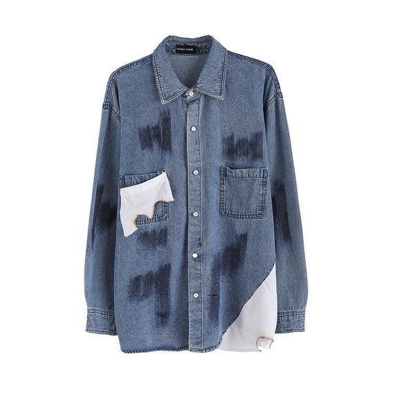 

european and american blue retro stitching personalized long sleeve shirt men's high street fashion brand loose denim shirts casual, White;black