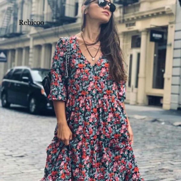 

casual dresses floarl print long dress women autumn sleeved vintage v collar elegant vestido, Black;gray