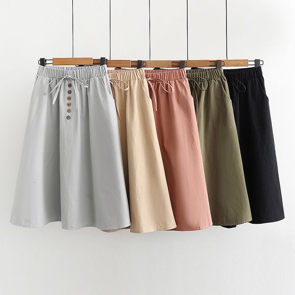 

skirts korean style a- line summer midi skirt single-breasted buttons a-line pleated knee length sashes cotton preppy skirts, Black