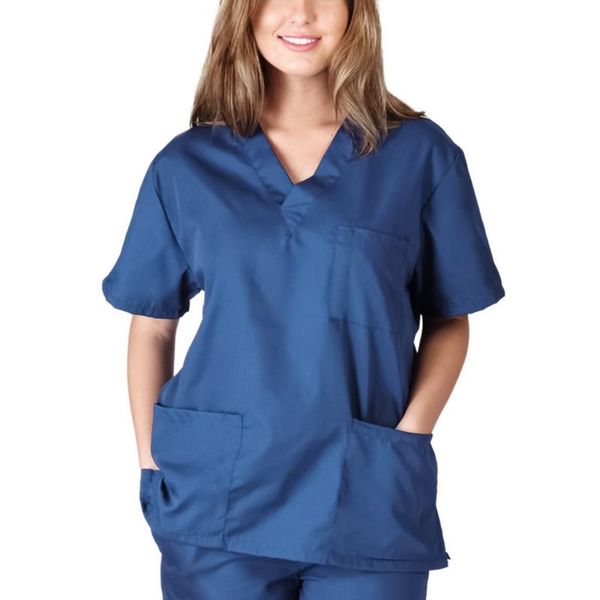 

women's two piece pants women solid scrubs v-neck short sleeves shirt with large pockets beauty and health workwear spa nursing unifor, White