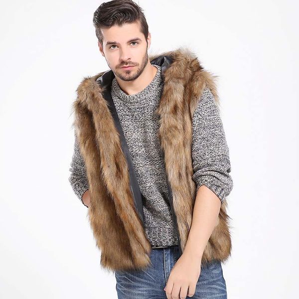 Coletes masculinos inverno engrossar quente homens peludo faux fur colete com capuz coletes sem mangas bolsos casaco outerwear jaquetas pl2910