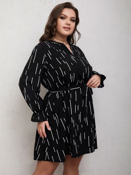 

plus striped flounce sleeve belted dress n9d8#, Black