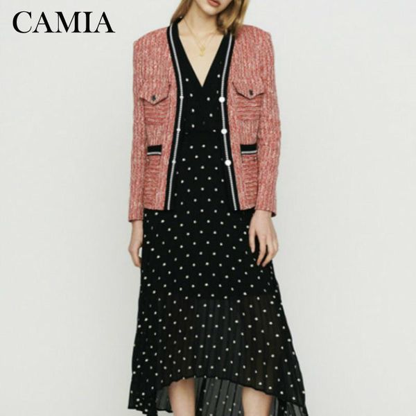 

women's jackets camia pink plaid jacket tweed coat casual pockets outwear sweet office lady v neck 2021 winter ladies, Black;brown