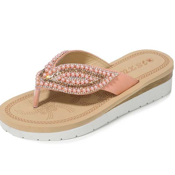 

sandals 2021 summer women wedge pearl leaves flip flops vintage sandalias de mujeres female platform beach shoes wsh3989, Black
