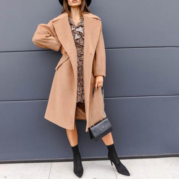 

women's wool & blends women oversize coat solid color double breasted autumn winter turndown collar pockets overcoat for office coat/ja, Black