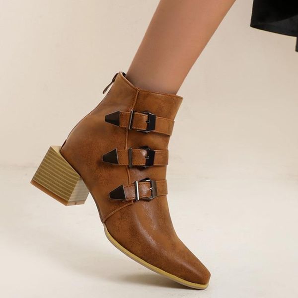 

boots autumn winter ankle for women shoes chunky heel lasdies fashion woman pu leather retro female, Black