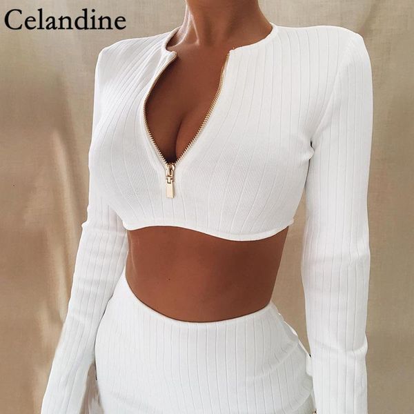 

women's tracksuits celandine two piece set women y2k long sleeve crop and bodycon zipper skrits black white casual plus size outfits f, Gray