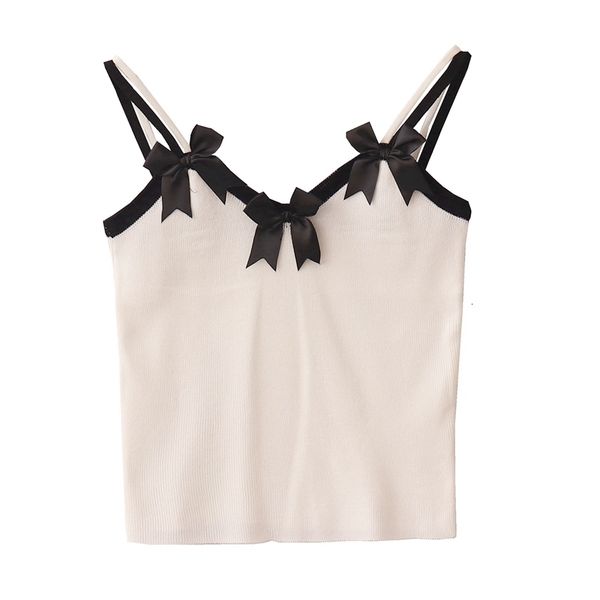 

korean vintage women crop summer white cute bow knitted camis vest female black aesthetic casual strap tank