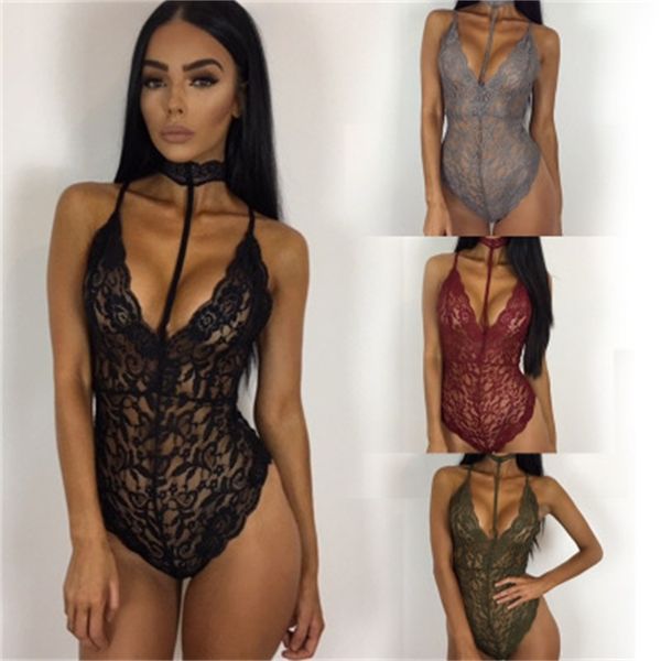 

solid women lace floral bodysuit summer skinny shaper see through jumpsuits women halter v-neck slim fit women thin curve clothing, Black;white