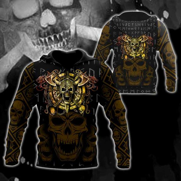 

men's hoodies & sweatshirts golden viking skull 3d all over printed hoodie for men/women harajuku fashion retro hooded sweatshirt casua, Black